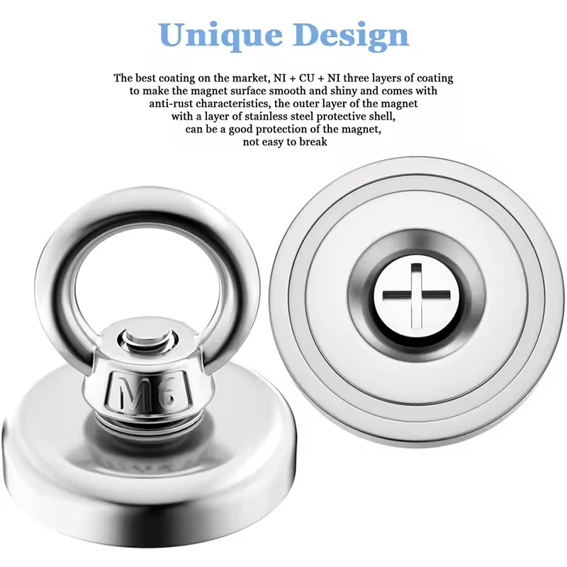 Salvage Magnet Heavy Duty Search Magnets Strong Neodymium Magnetic Hook Magnet Sea Fishing Magnet Mounting with Ring Eyebolt DIY