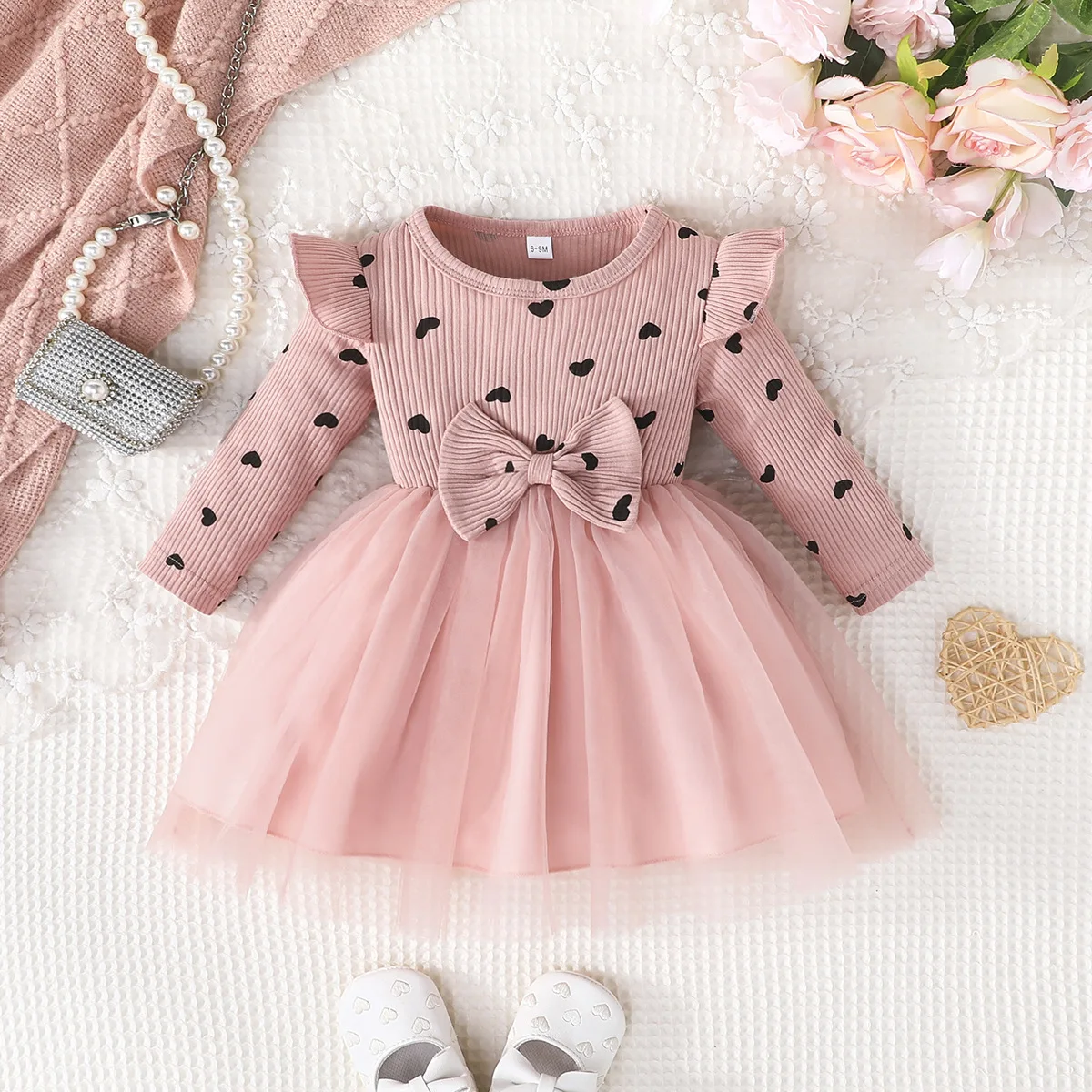 Winter 2024 Girls Dress Girls Long Sleeve O Neck Print Heart Pink Dress Cute Preepy Look Birthday Party Dresses Vestidos 6M-3T