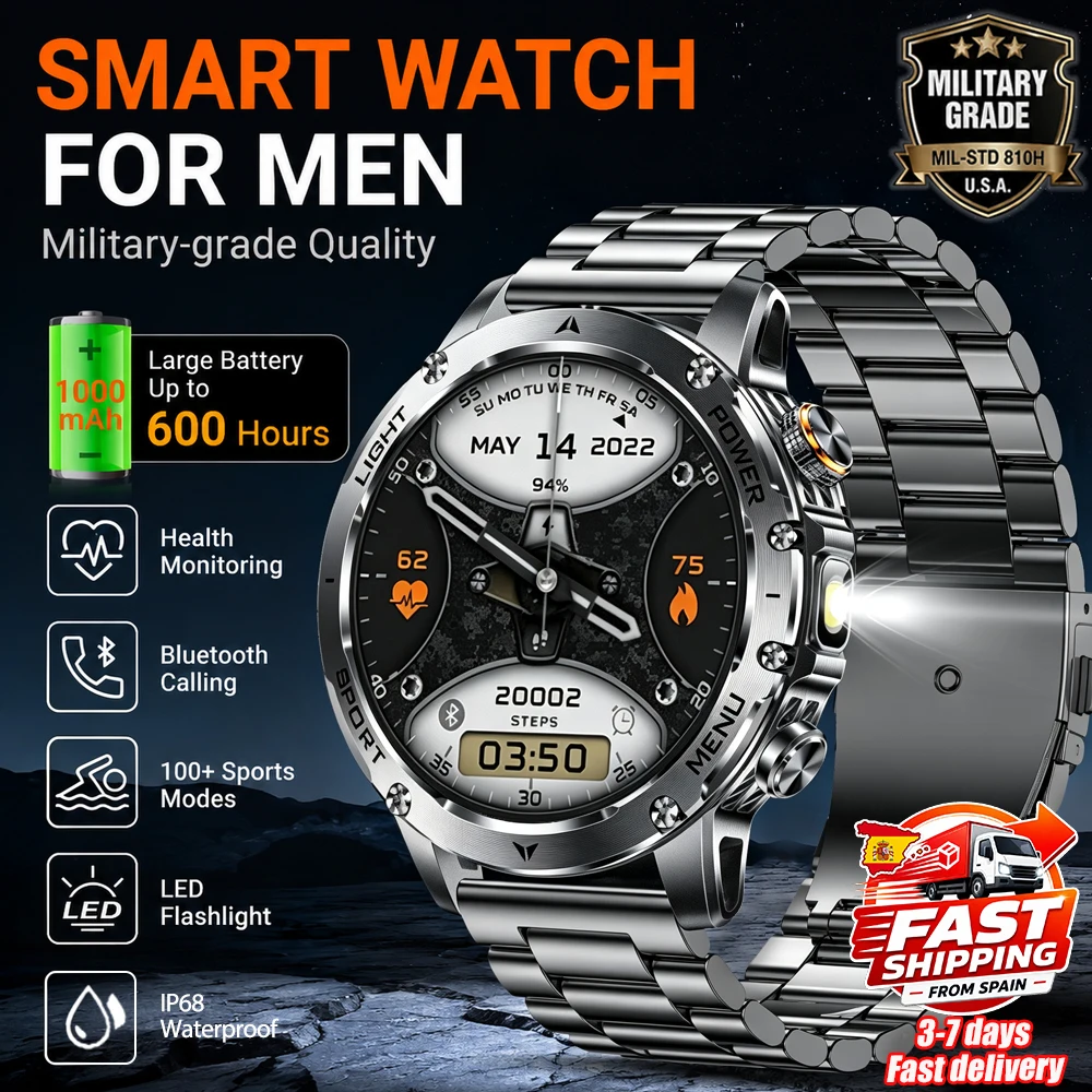 Nouvelle montre intelligente militaire 2026 avec batterie de 1000 mAh, étanche IP68, écran HD de 1,7 pouce, appels Bluetooth, lampe de poche, suivi sportif, montre intelligente pour hommes.