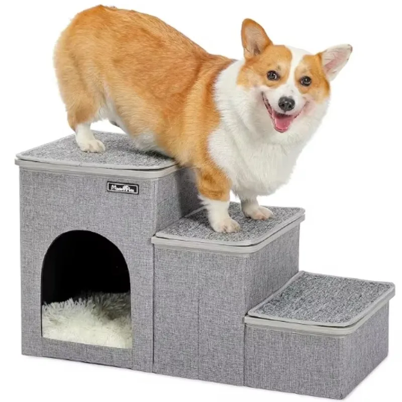 

Pet Steps Ramp with Toy Storage - Multi-Level Cat Dog Stairs for Couch/Bed/Car - Elderly Small Pets Helper