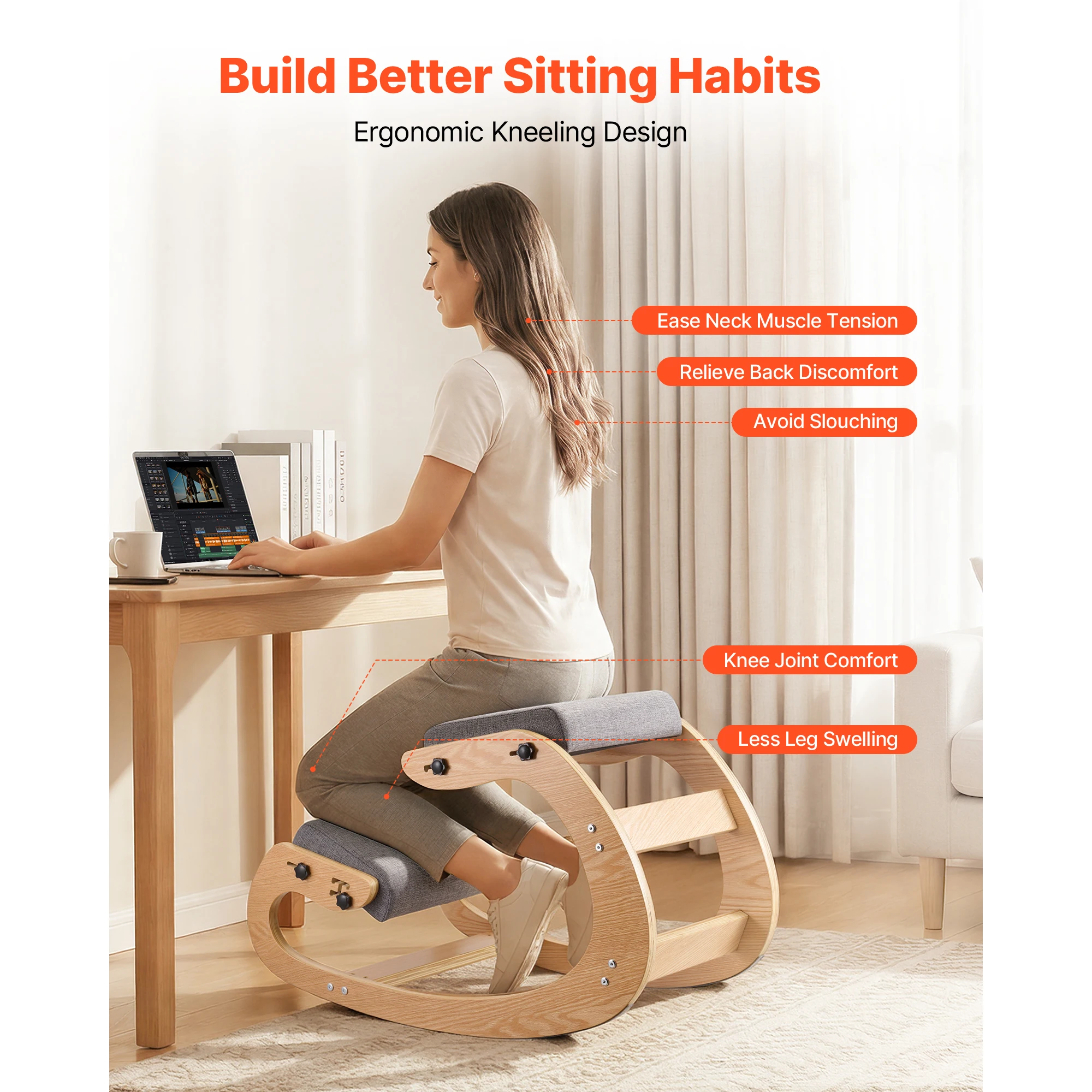 SucceBuy Ergonomic Kneeling Chair Wooden Posture Knee Chair with Thick Foam Cushion Relief for Neck or Back Pain for Home Office