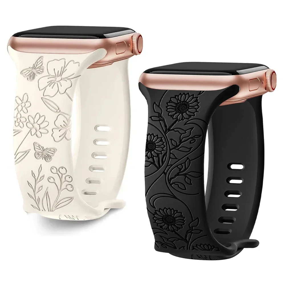 Floral Engraved Strap For Apple Watch Band 40mm 44mm 41mm 49mm 45mm 38mm 42mm silicone bracelet iwatch series 9 7 se 6 8 ultra 2