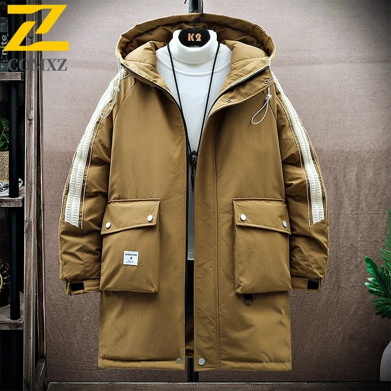 COMXZ Men Duck Down Mountain Hooded Waterproof Long Jacket American Style Vintage Winter Cotton-padded Outdoor Lightweight Coat
