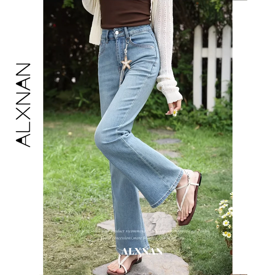ALXNAN Blue Flared Jeans Women Summer High Waist Slim Fit Long Denim Pants Retro Bootcut Jeans Casual Trousers Female L63317
