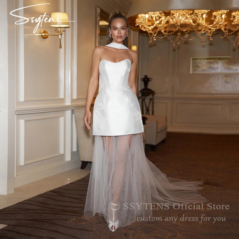

SSYTENS Short Ivory Bride Party Dresses Vestidos Novia Boda Illusion A Line Wedding Dress Backless Mini Bride Dresses Customized