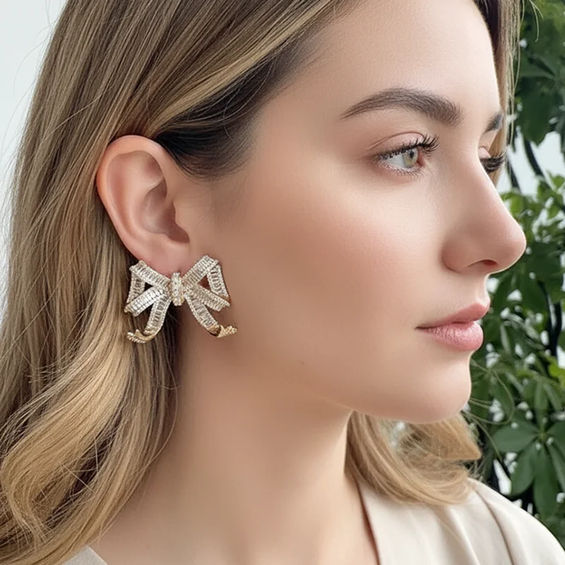 SENYU Large Bow Luxury Cubic Zirconia Big Stud Earrings High Quality Women Gold,Silver Plated Party Earrings for Indian Bride