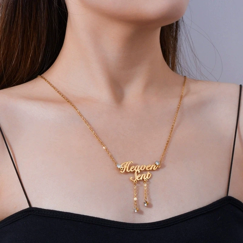 

Personalized Custom Name Necklace with Diamond Accent Tassel Stainless Steel Fashion Custom Text Script Font Jewelry Gift
