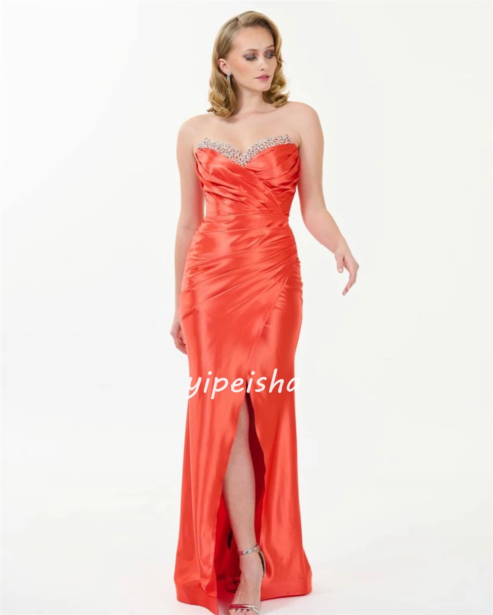 Satin Rhinestone Evening A-line Strapless Bespoke Occasion Gown Long Dresses