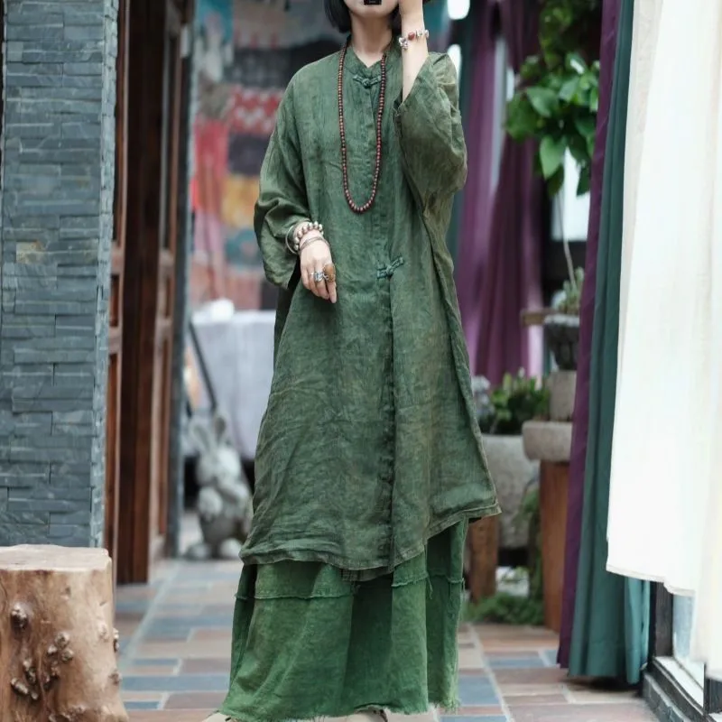 中国風のルーズグリーンコットンリネンドレス女性春の新文学カエルボタン通気性ソフトドレスミディ Vestidos