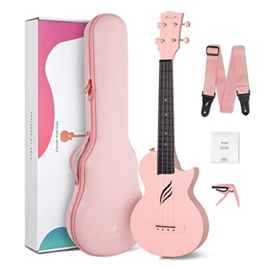 

Concert Ukulele for travel and beginners, carbon fiber body, black, waterproof lightweight durable with beginner kit case, stra