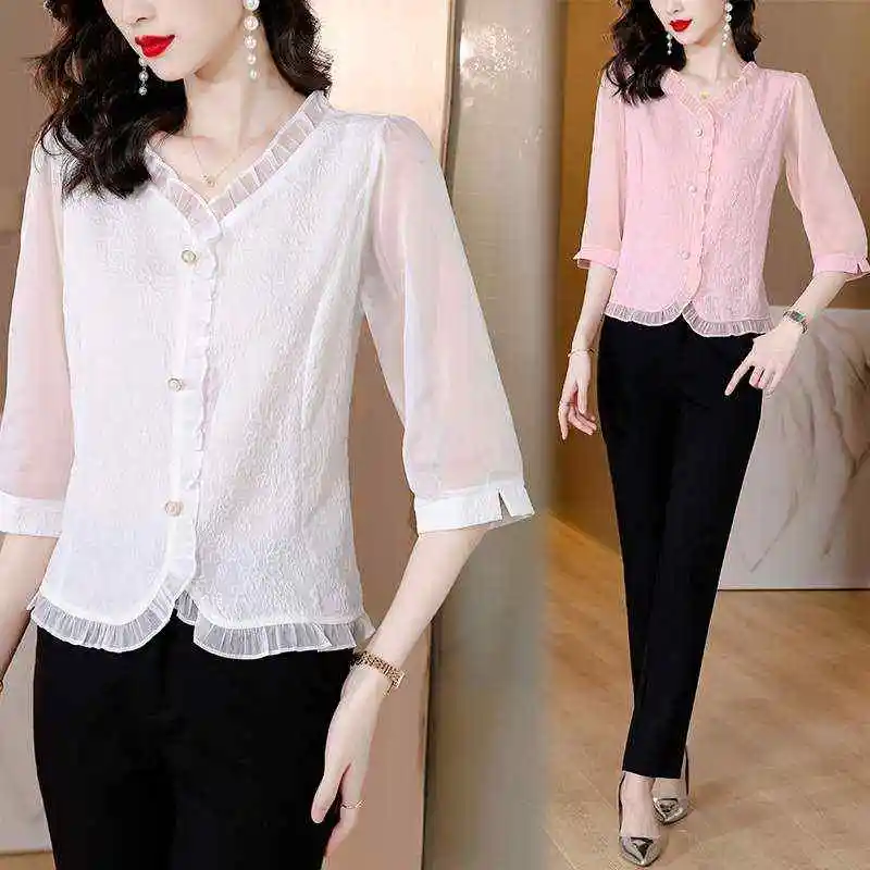 High-End V-Ne Beautiful ort-Sved Chiffon irt Women's Korean Sle Straight Cut  Knot Cold-Resistant Thin Co...