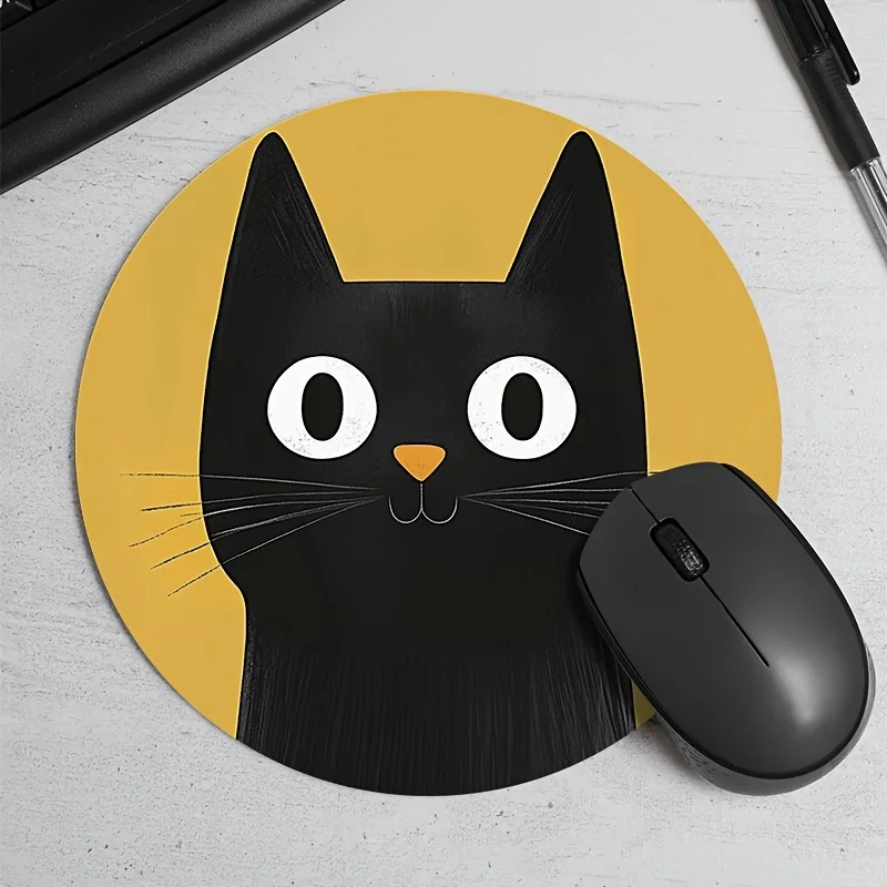 Cute Black Cat Round Mouse Pad Non Slip Rubber Mat Office Gaming Gamers Home Office Adorable Cartoon Desk Mats Rug Set Up
