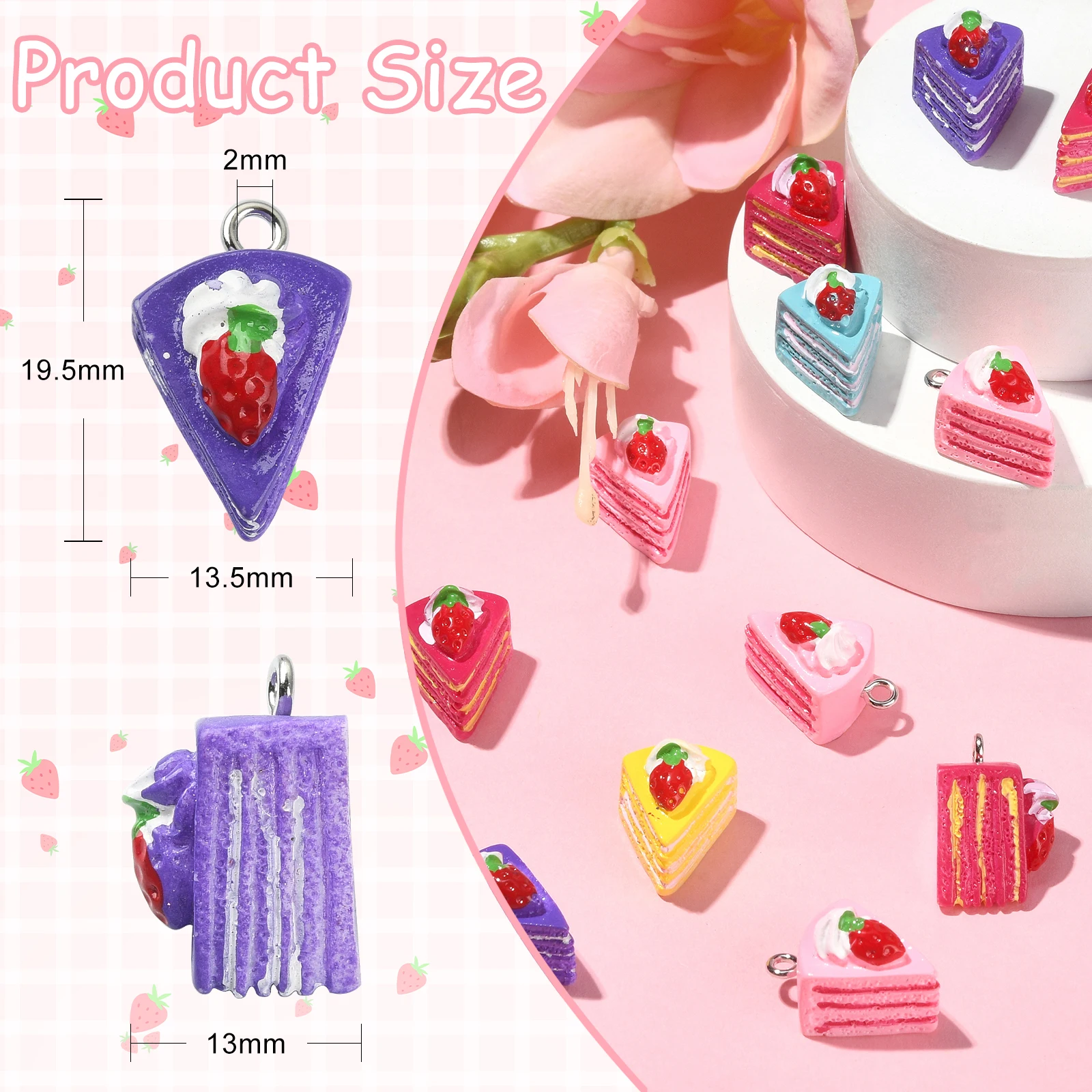 Pandahall 50Pcs 5 Color Resin Strawberry Cake Charms Triangle Cake Charms 3D Sweet Food Dessert Charms for Crafts Jewelry Making