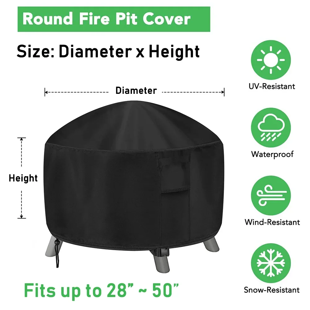 600D Patio Waterproof Fire Pit Cover BBQ Grill Cover Heavy Duty Outdoor Garden Yard BBQ Cover Table Covers UV Protector Round