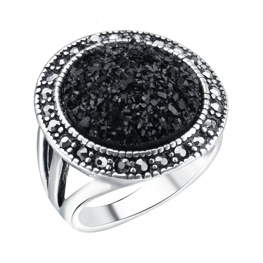 Vintage Black Oval Round Gravel Templar Ring for Women Retro Anel Carved Luxury Crystal Rhineston Silver Color Ring Jewelry