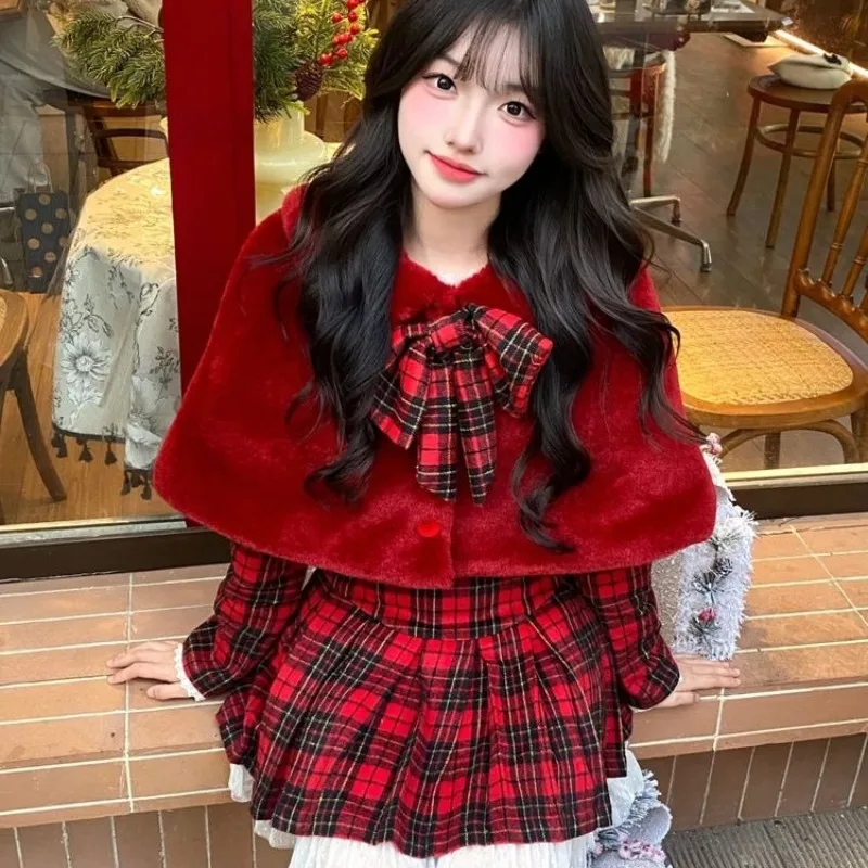 Women Red Plaid 3 Piece Outfit Furry Cape Coat + Long Sleeve Top + Pleated Skirt Set Bow Decor Winter Christmas Party Sweet set