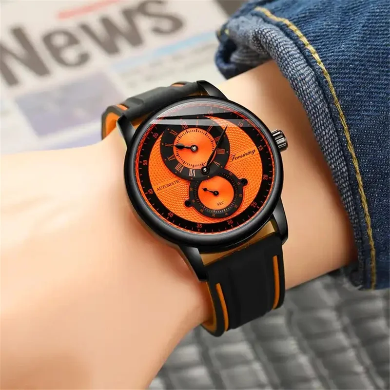 FORSINING 366 Luxury Skeleton Automatic Mechanical Movement Watches For Men Silicone Strap 6 Colors Watch Clock Mechanism