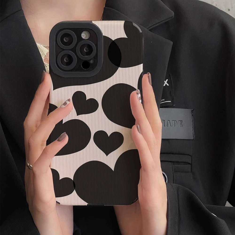 Fashion Black Love Heart Leather Silicone Case For iPhone 15 11 12 14 Pro Max 13 Mini SE 7 8 Plus X XS XR Shockproof Full Cover