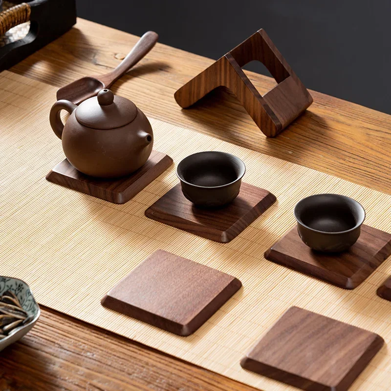 6PCS/Set Free Engraving Solid Walnut Beech Wood Coaster Wooden Coffee Tea Cup Mat Durable Personalized Cup Kitchen Mat For Gift