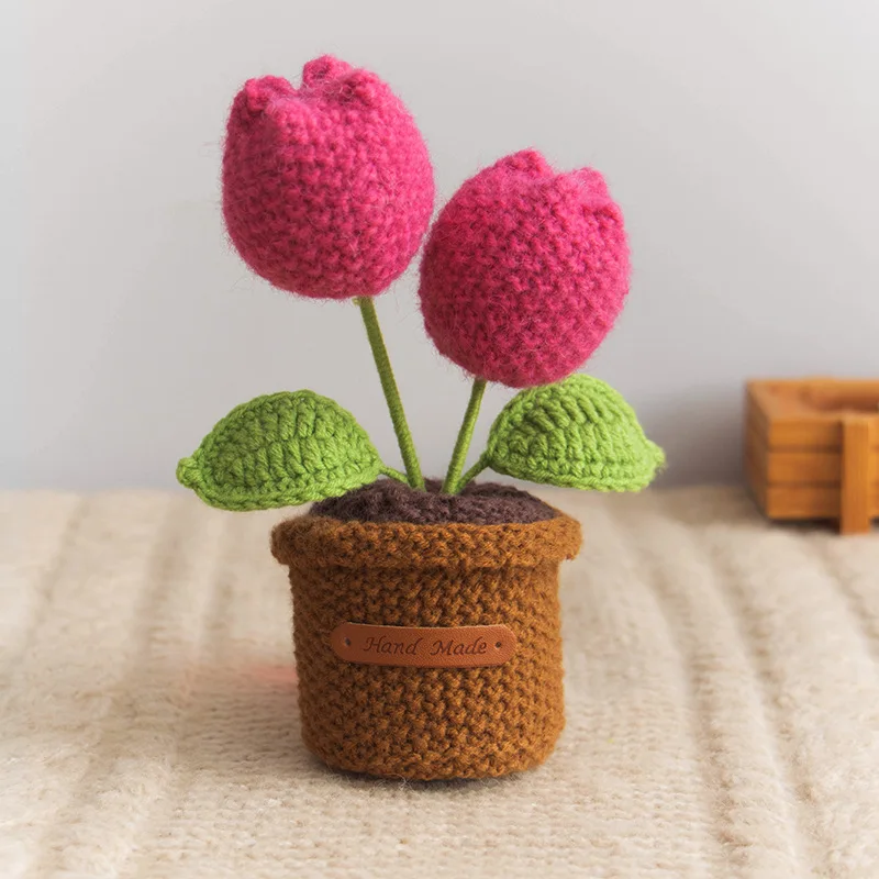 Mini-fertige gehäkelte Tulpen im Topf, gefüllte Pflanzen, Heim- und Auto-Innendekoration, Valentinstag, Weihnachten, Abschlussfeier, Muttertagsgeschenk