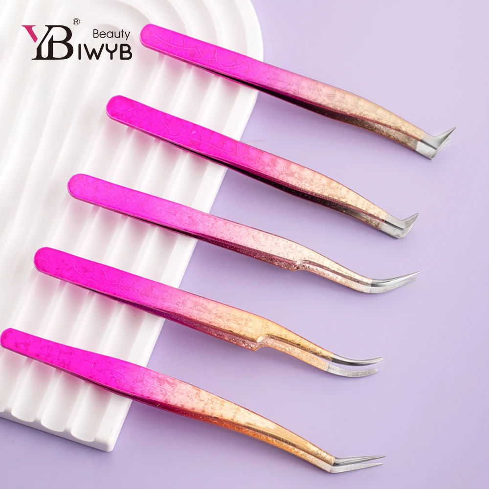 IWYBBeauty الملونة الرموش الملقط عالية الدقة ملاقط من الفولاذ المقاوم للصدأ مكافحة ساكنة pincette رمش ماكياج تمديد أدوات