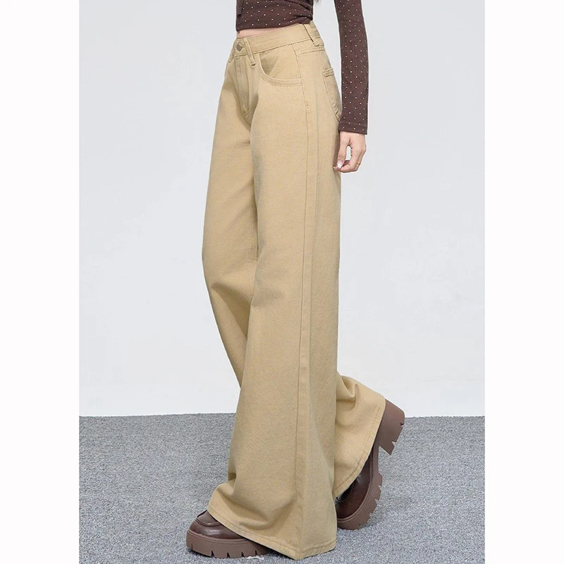 Pantalones vaqueros clásicos de cintura alta para mujer, color caqui, moda Retro, pantalones vaqueros para niñas, pantalones de pierna recta finos informales coreanos