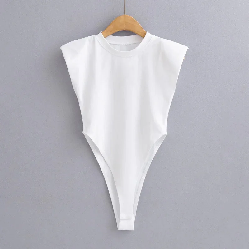 European and American Style Right Angled Shoulder Pad Jumpsuit Summer New T-shirt Solid Color Open Cut Tight Jumpsuit Women's