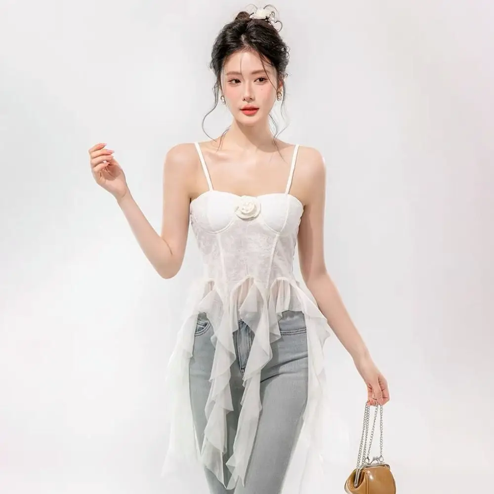 

Elegant Transparent Lace Tassel Camisole A-line Flower Mesh Slim Crop Top Ruffled Edge Streetwear Sleeveless Top Women Party