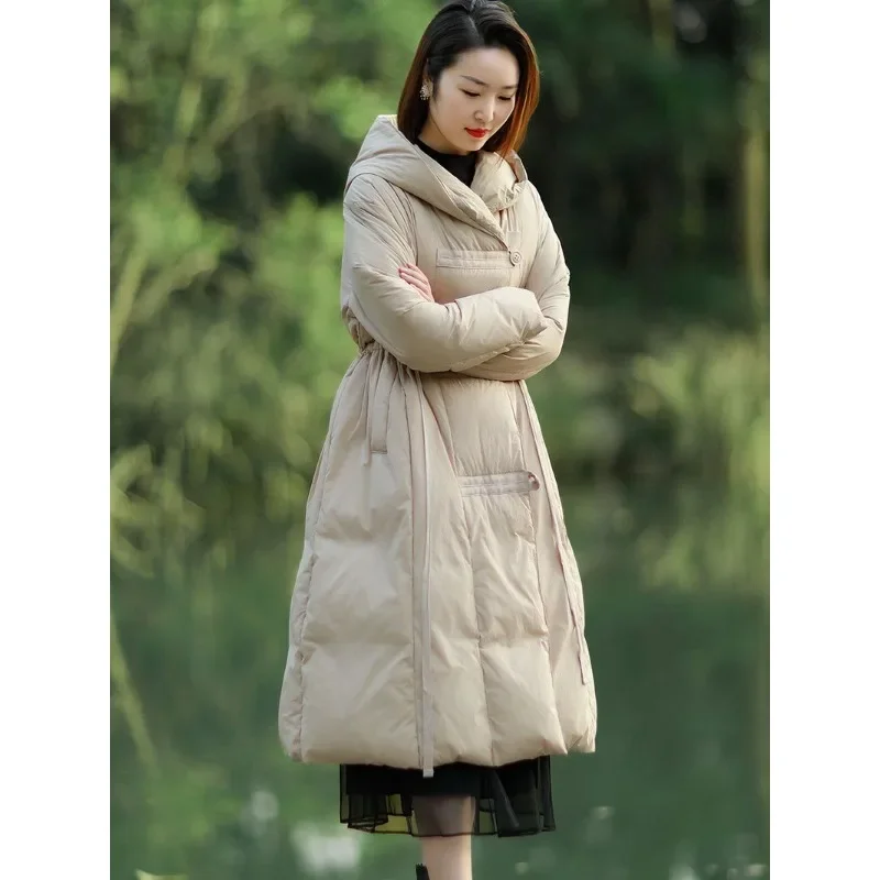 ฤดูหนาวใหม่สี Feminity หนาเข่ายาวหลวมแฟชั่นทั้งหมด Hooded Down JACKET ระเบิด Coats