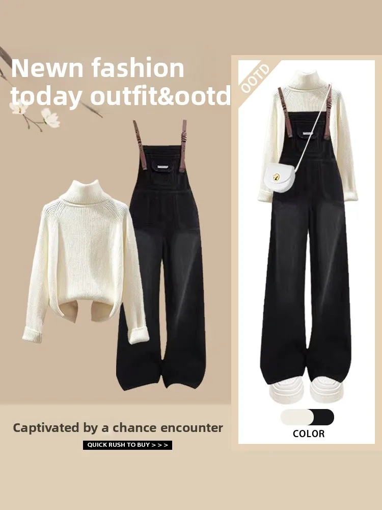 

Sli High Ne Sweater Women's Faion Set Winter Slimming Denim Overalls Two-Piece Suit Polyester Fiber Long Sve round...