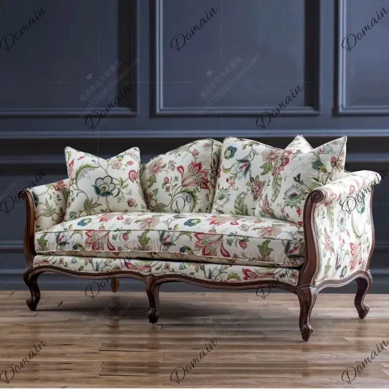 81 N American Country Retro Solid Wood Fabric Sofa Living Room Small Apartment Floral Print 3-Seat Couch Chair Custom