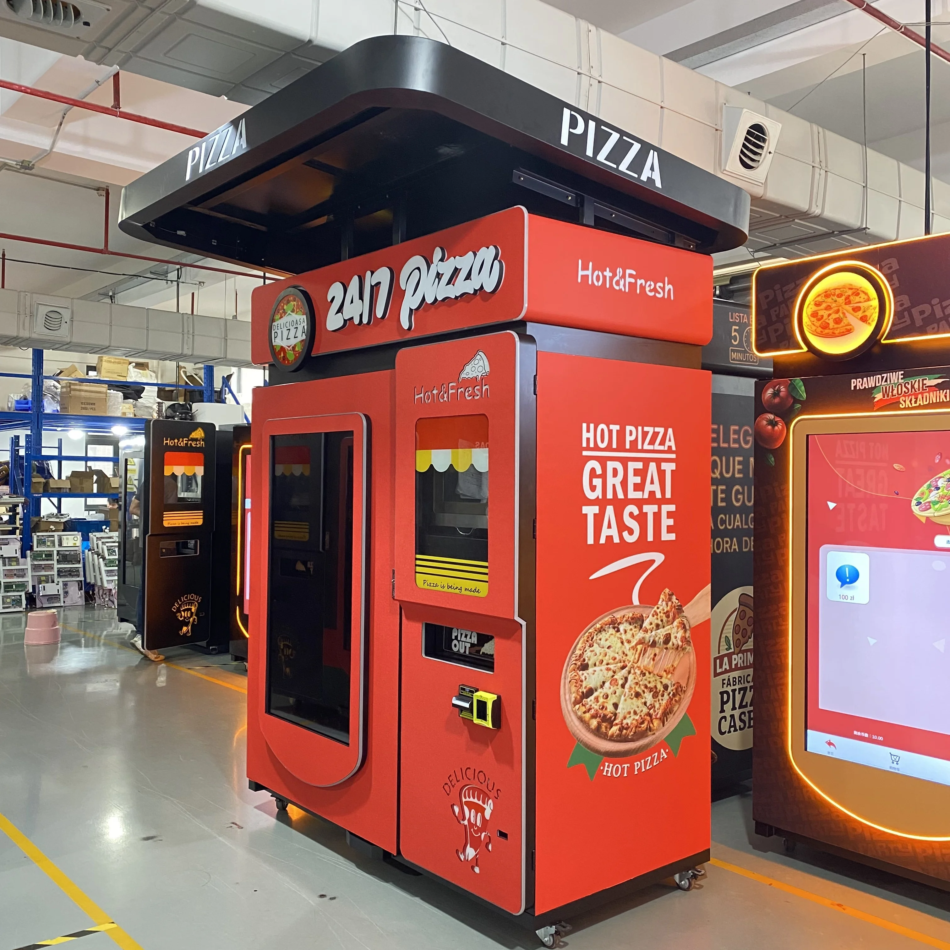 Customized Rain Shelter Hot Pizza Vending Machine Smart Fully Automatic 72PCS Capacity Wheels Can Be Fixed 500KG Stable Mountain