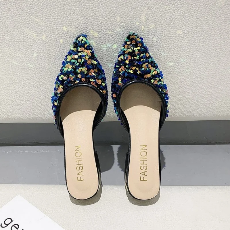 New 2023 Fashion Sequin Pointed Toe Slides 3 Cm Square Low Heels Half Slippers Summer Casual Beach Women Sandals Outdoor Mules