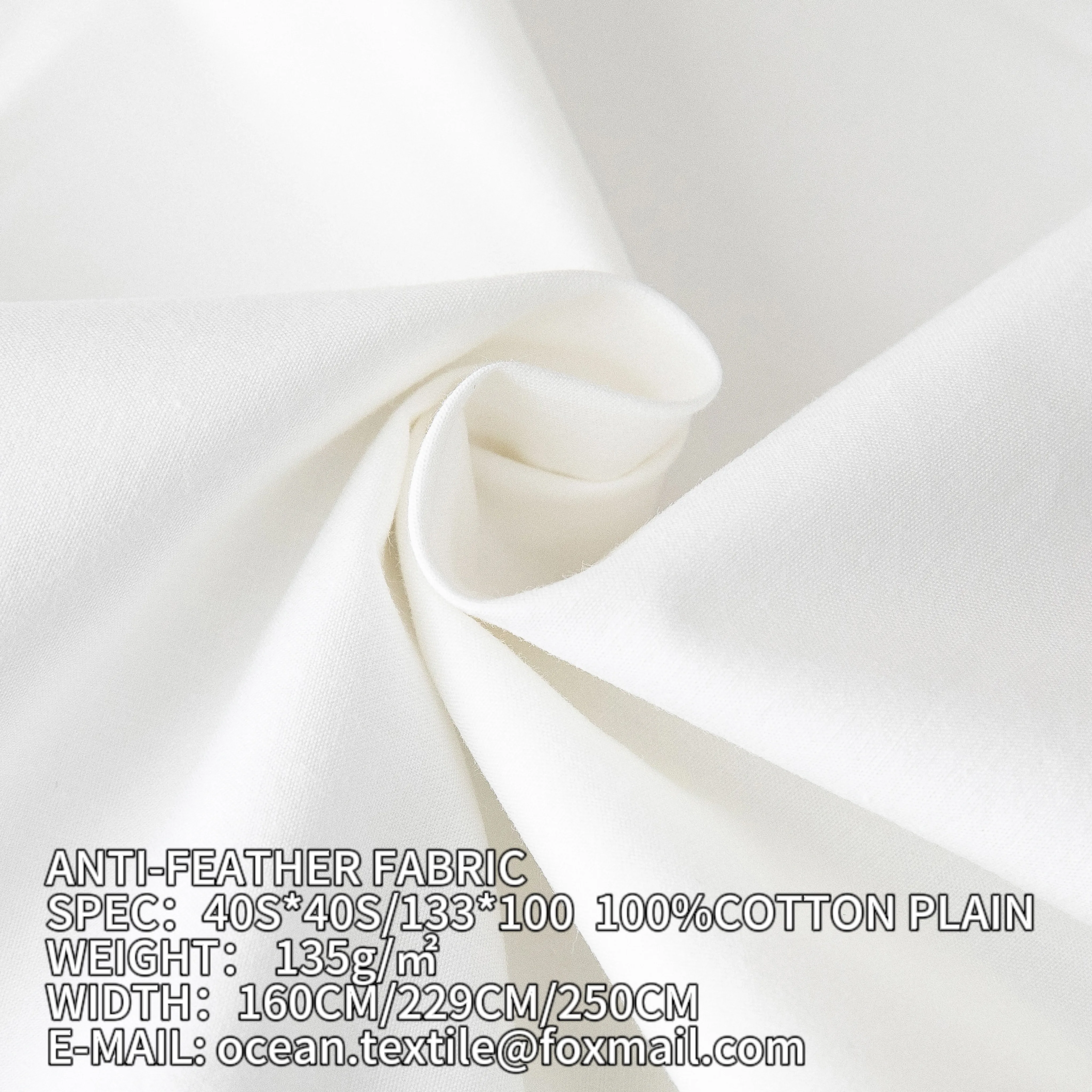 

40S*40S/133*100 cotton plain class feather prevention fabric，We prefer this fabric to be the fabric of anti-feather pillow core