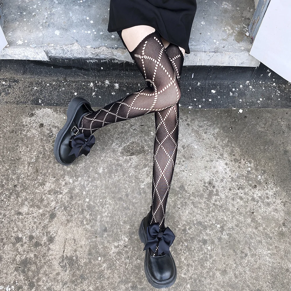 

Japanese Retro JK Over-the-Knee Tights – Diamond Pattern Thin Black Stockings with Strapless Design, Dark Gothic Style for Women