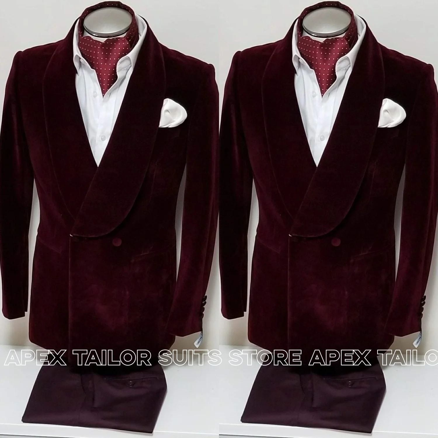 Men 2 Piece Suit Burgundy Velvet Blazer Solid Color Pants Set Slim Fit Formal Wedding Groom Tuxedo Suit For Prom Party Dinner