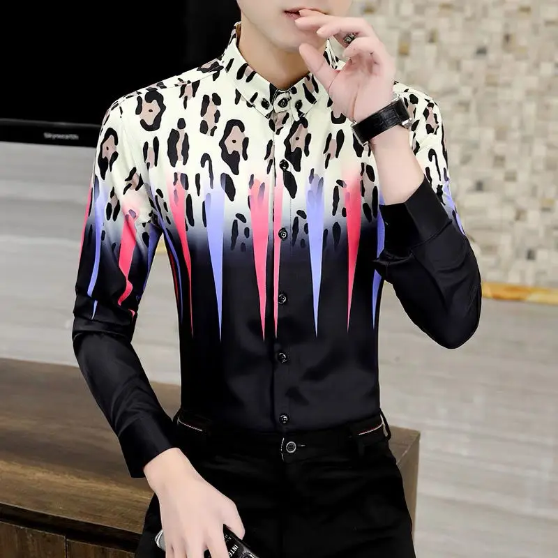 Fashion Lapel Button Spliced Loose Printed Korean Shirt Men\'s Clothing 2022 Autumn New Oversized Casual Tops All-match Shirts