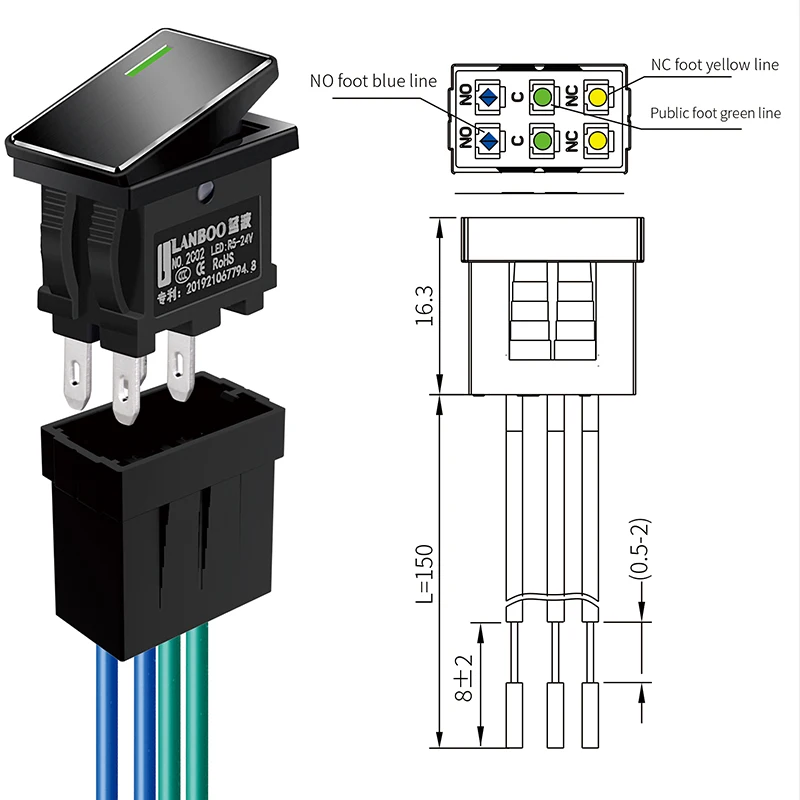 LANBOO 1409 Series kcd1 Rocker Switch 7Amp 2NO2NC with LED 3 position Red Green Blue Yellow white