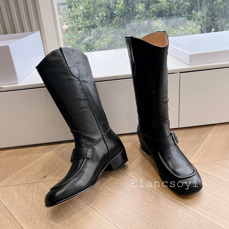 Spring Autumn British Style Square Heel Knee High Boots Women's Metal Buckle Design Retro Long Boots female modern riding shoes