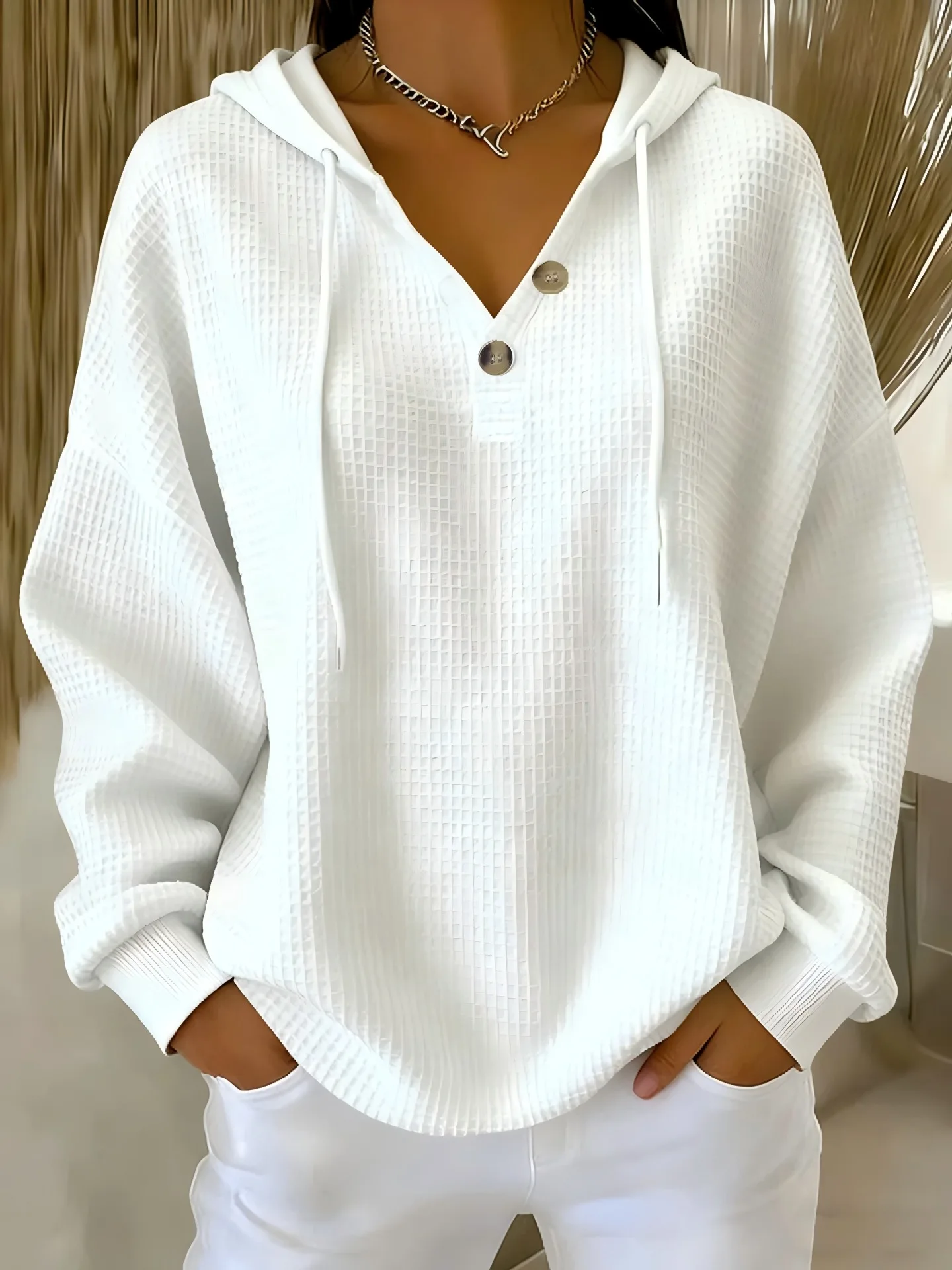 Felpa con cappuccio abbottonata con scollo a V in waffle tinta unita da donna europea americana autunno inverno 2025