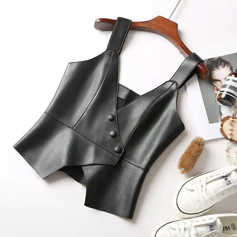 

PU Leather Suspender Vest, New Short Slim Women Wearing Vest Black