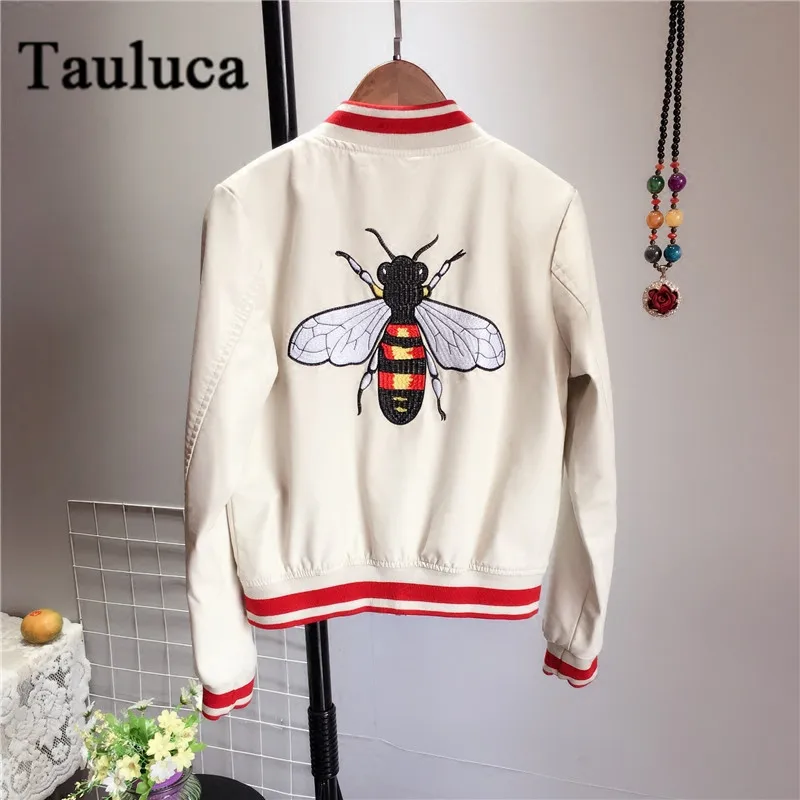 Women's PU Leather Jackets Embroidered Bee Baseball Suit Autumn Winter Motorcycle Leather Coats Handsome Short Coat Korean Top