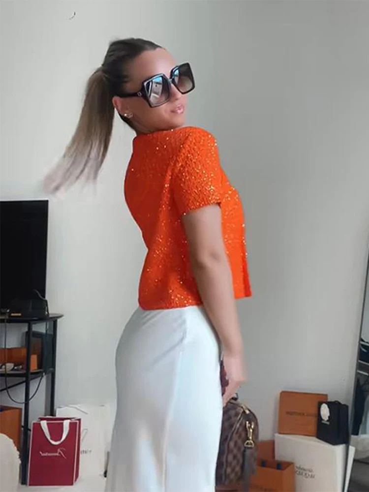 

2026 Summer Party Street Solid Jumper Tank Top Knitted Sequins Short Sleeve Cardigans Sweaters Women Loose O-neck Short Tops