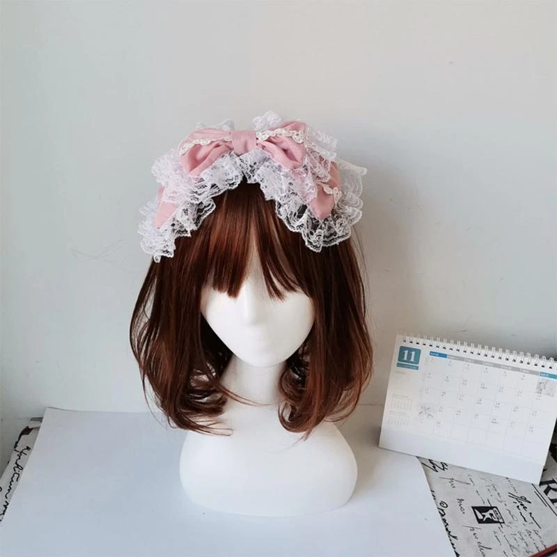 

652F Lovely Sweet Hairband Maid Cosplay Headband Ruffled Lace Headwear Handmade Double Layer Bowknot Hair Accessory