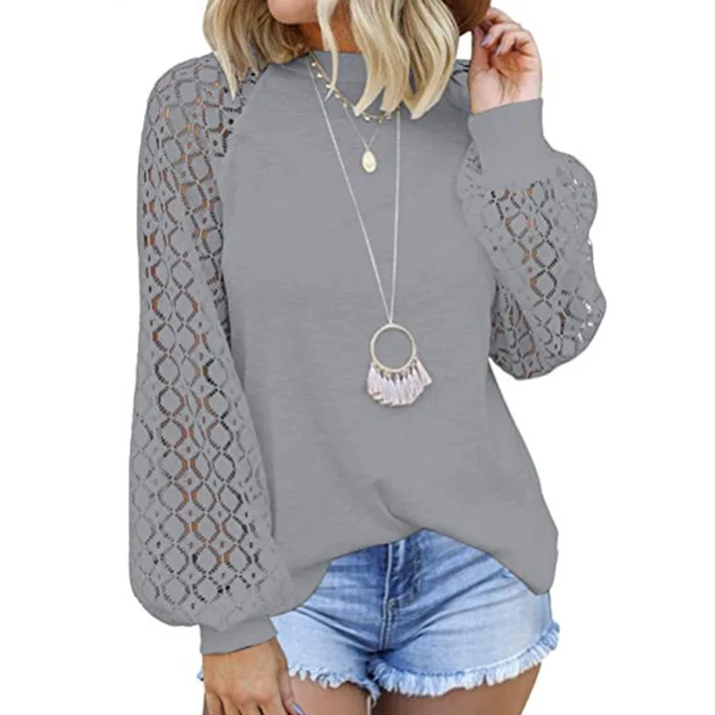 Women's New Waffle Top Explosive Round Neck Long Sleeved Lace Top for Women