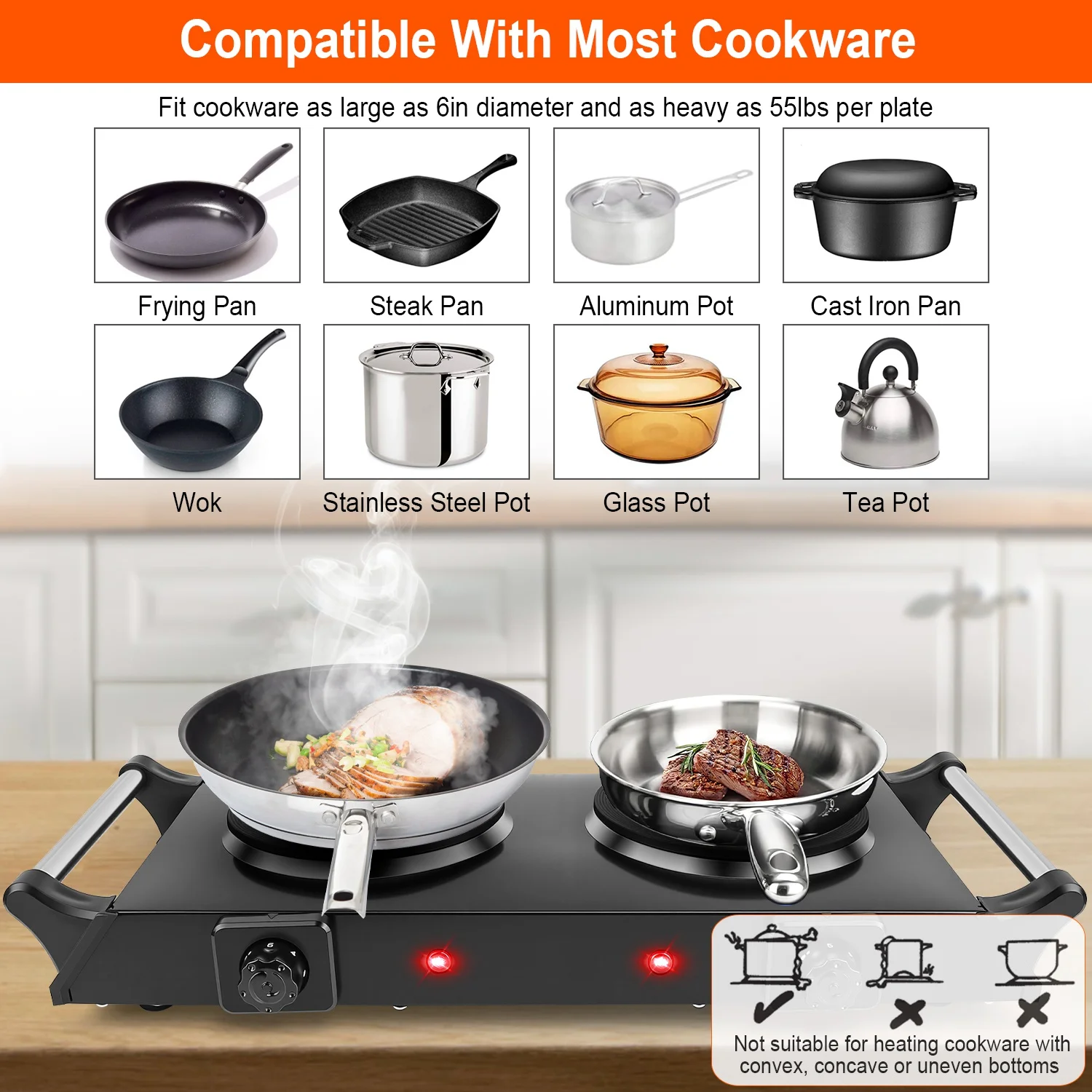

Dual Burner Electric Hot Plate, 5 Gear Adjustable Temp 200-500℃, 2000W Portable Countertop Stove, Fast Heating & Easy Cleaning