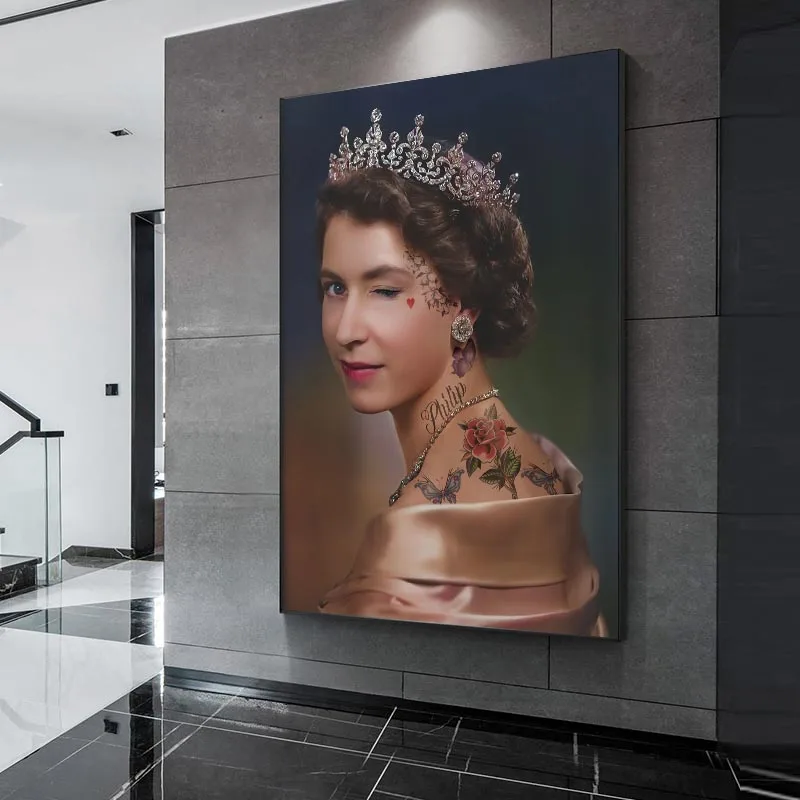 

England Queen Wink Posters and Print Hanging Pictures Woman With Crown Canvas Painting Home Decor Elizabeth II Portrait Wall Art