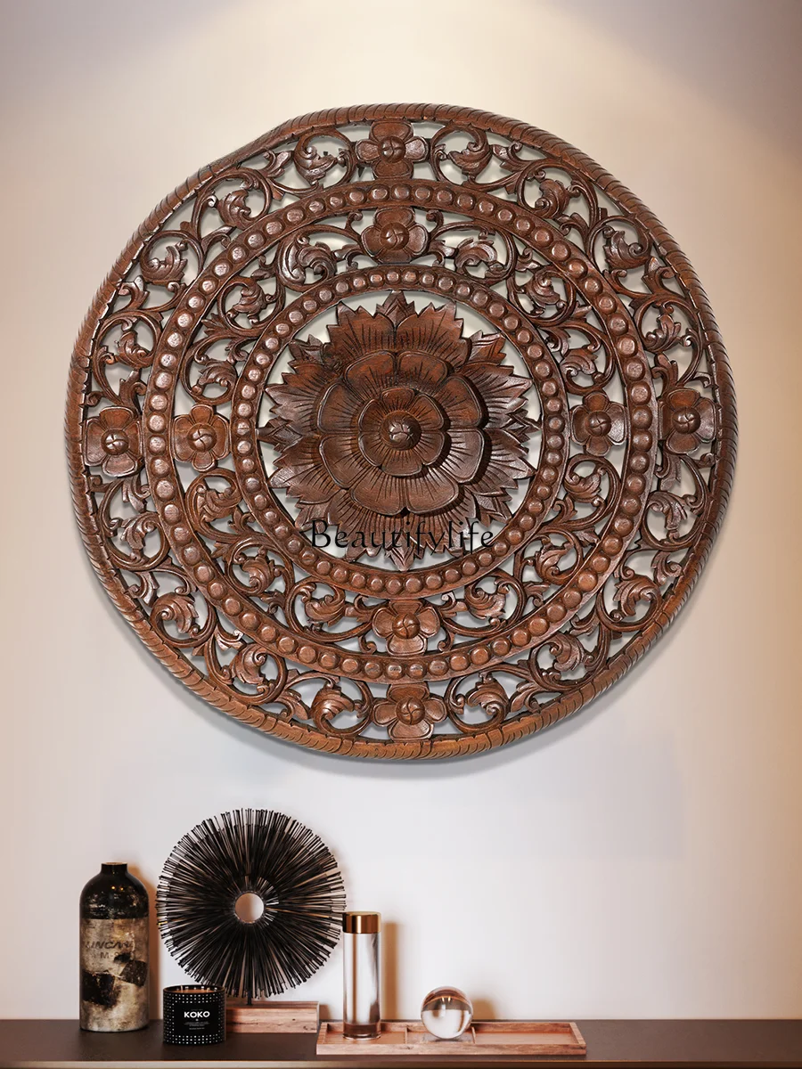 

Teak round Carved Board Wood Carved Pendant Southeast Asian Porch Wall Decoration Large Wall Decoration