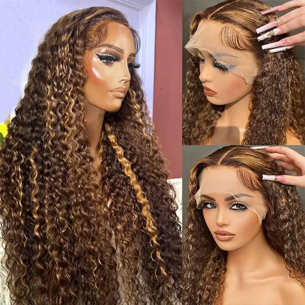 Highlight Honey Blonde Deep Curly Transparent Lace Front Human Hair Wigs 13x4 13x5 13x6 Ombre Color Deep Wave Frontal Wigs