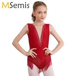 Collant sem mangas com borla para crianças, patinação artística dancewear, ginástica rítmica desempenho traje, strass dancewear, ballet bodysuit para meninas